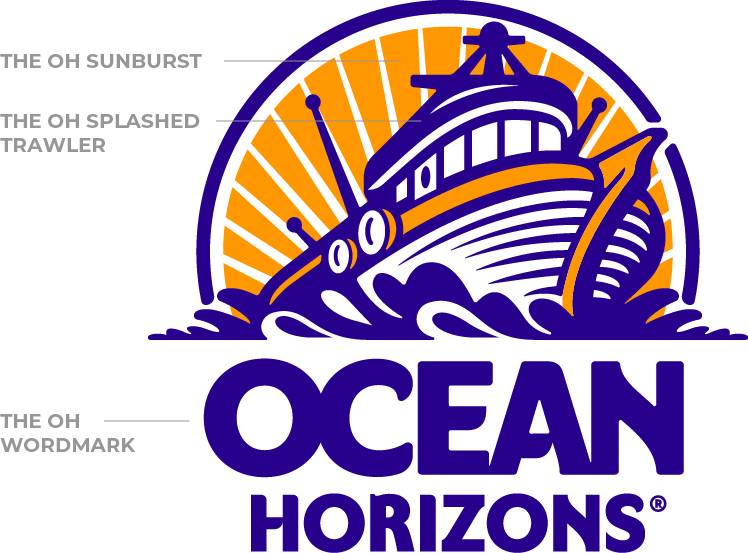 Ocean Horizons Logo with diagraming showing the sunburst, the splashed trawler, and the wordmark
